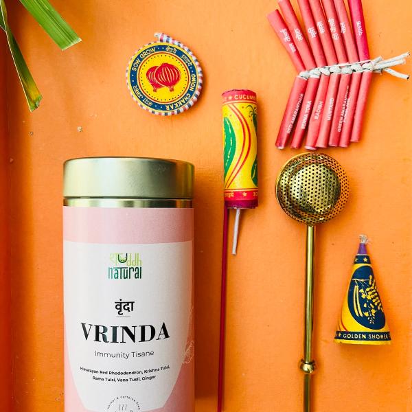 Festive Diwali Gift Hamper | Tea | Seed (Plantable) Patakha Set of 4 | Royal Brass Strainer | Pack of 4